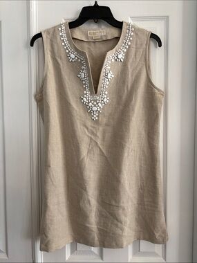Michael Michael Kors Tan Beige 100% Linen Embellished Sleeveless Tunic size 14